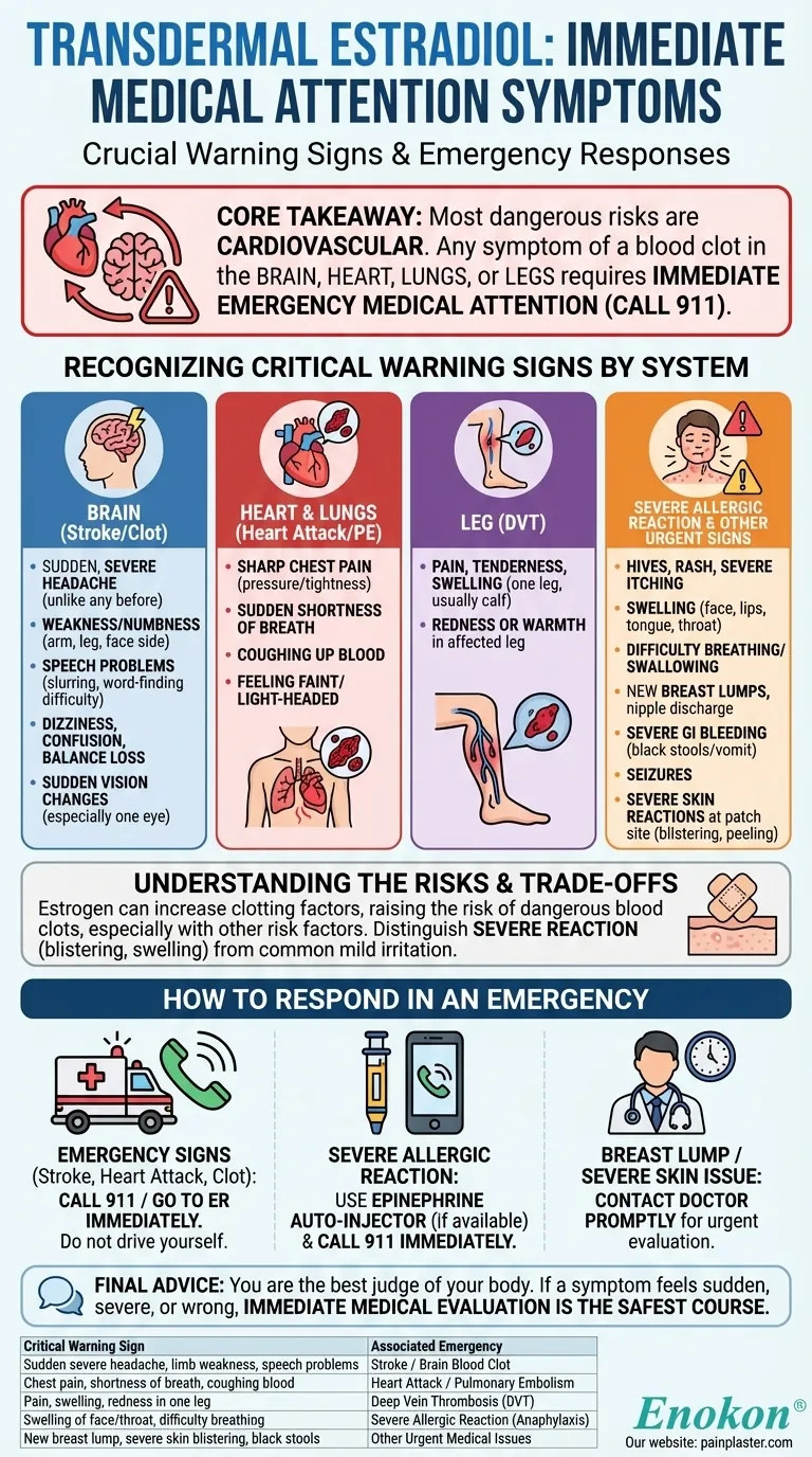 経皮吸収型エストラジオール使用中に、直ちに医師の診察を受ける必要があるのはどのような症状ですか？ ビジュアルガイド