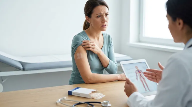 経皮吸収型エストラジオール使用中に、直ちに医師の診察を受ける必要があるのはどのような症状ですか?