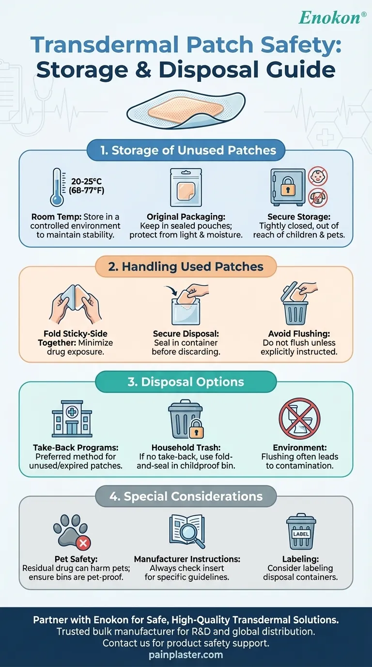 Como é que os pensos transdérmicos não utilizados e utilizados devem ser armazenados e eliminados?Diretrizes de segurança essenciais Guia Visual