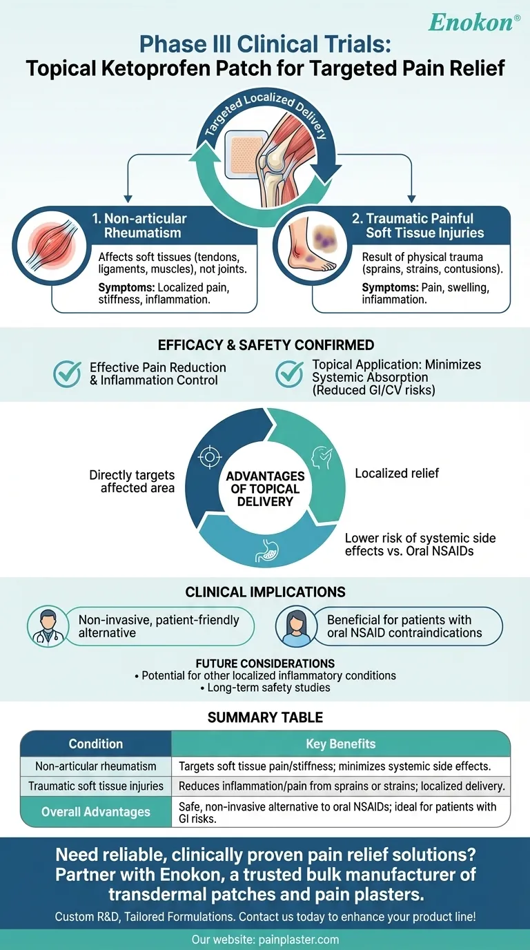 What conditions were treated in Phase III trials for the ketoprofen patch? Effective Relief for Localized Pain Visual Guide