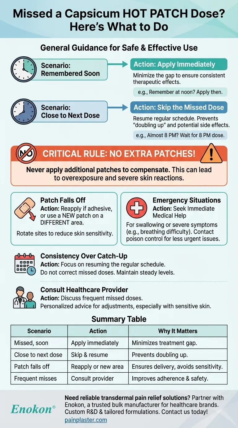 O que deve ser feito se falhar uma dose do penso adesivo Capsicum HOT PATCH?Siga estes passos para uma utilização segura Guia Visual