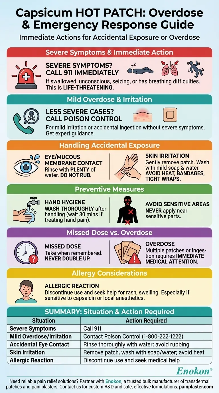 O que deve ser feito em caso de sobredosagem do penso adesivo Capsicum HOT PATCH?Passos de emergência e dicas de segurança Guia Visual