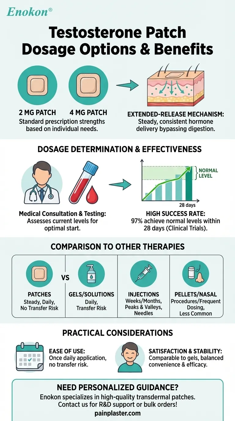 Quais são as opções de dosagem disponíveis para os adesivos de testosterona?Encontre a dosagem certa para as suas necessidades Guia Visual