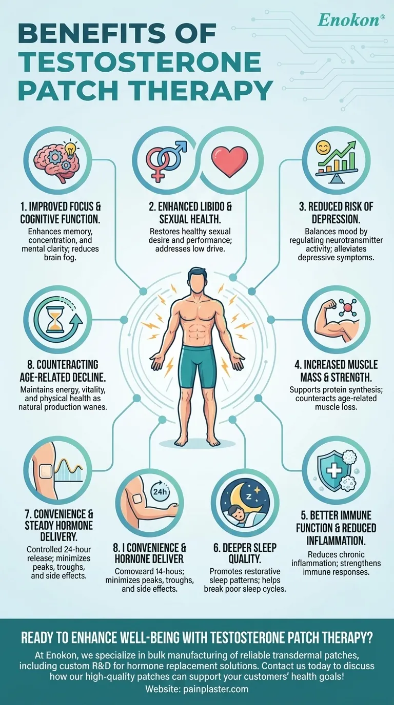 Quais são os benefícios da terapia com adesivos de testosterona?Aumenta a vitalidade e o bem-estar Guia Visual