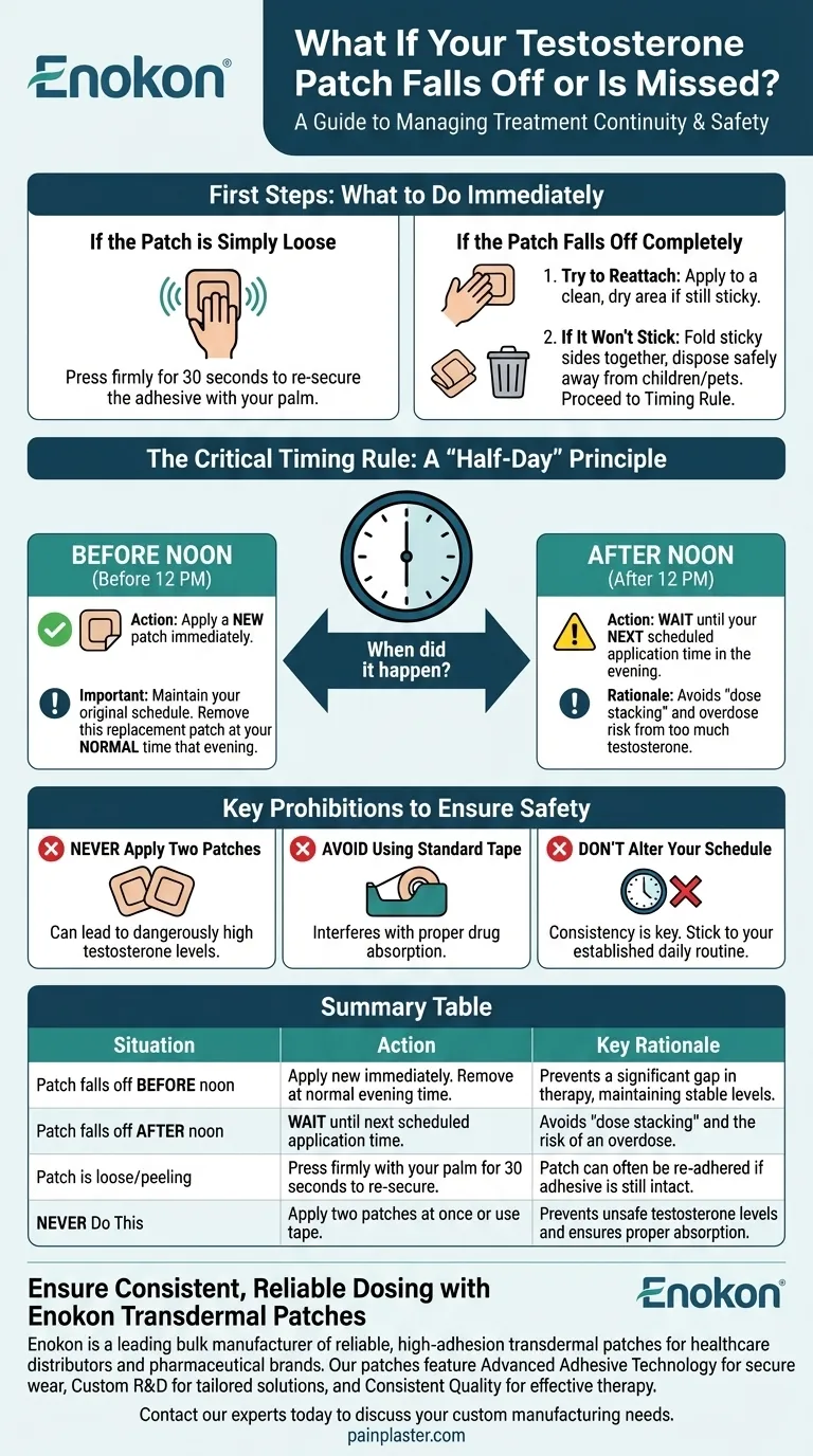 What should be done if a testosterone patch is missed or falls off? Follow these simple timing rules for safety and consistency. Visual Guide