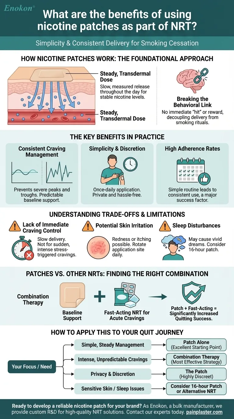 What are the benefits of using nicotine patches as part of NRT? Steady, All-Day Craving Relief Visual Guide