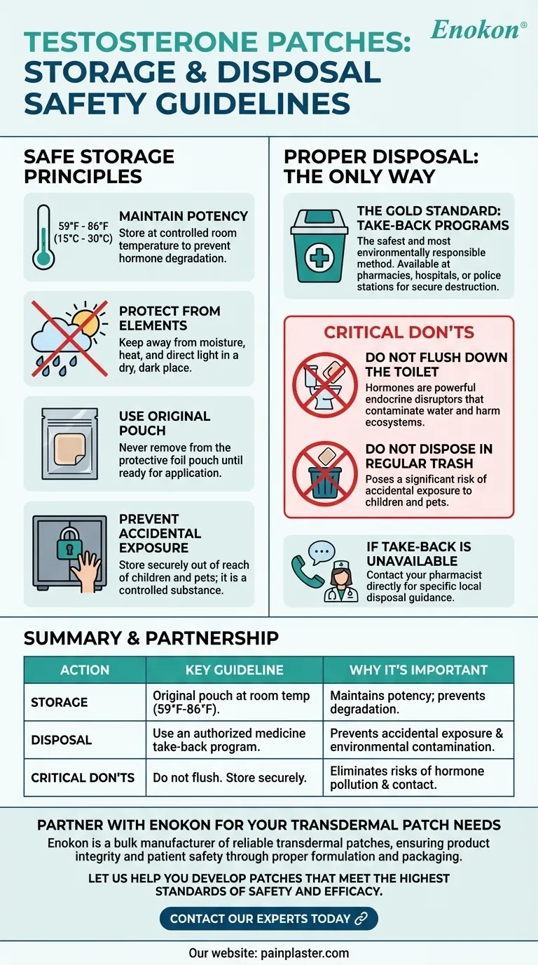 Como é que os pensos de testosterona não utilizados devem ser armazenados e eliminados?Melhores Práticas de Segurança e Conformidade Guia Visual