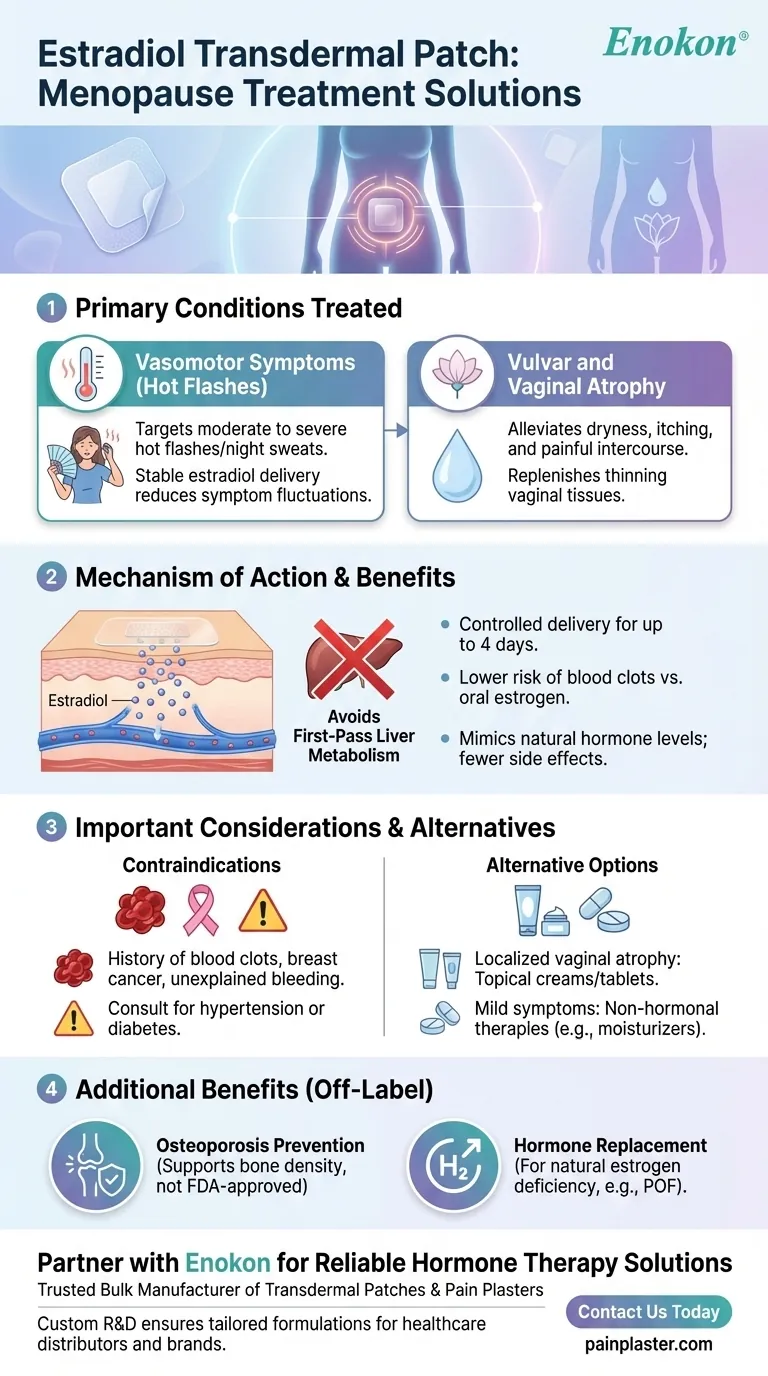 Que doenças relacionadas com a menopausa podem ser tratadas com o sistema transdérmico de estradiol?Alívio dos afrontamentos e atrofia vaginal Guia Visual
