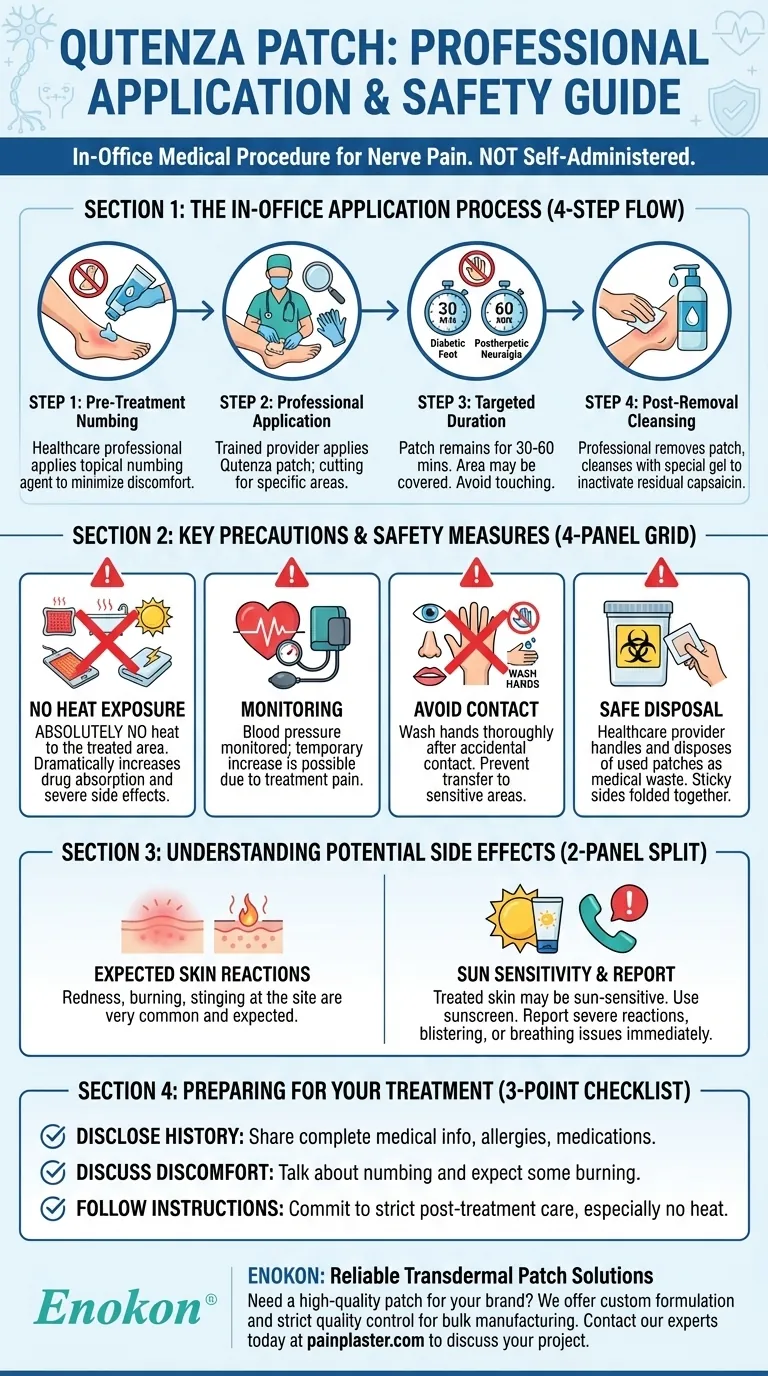 Como é que o adesivo Qutenza é aplicado e que precauções devem ser tomadas durante a aplicação? Guia Visual