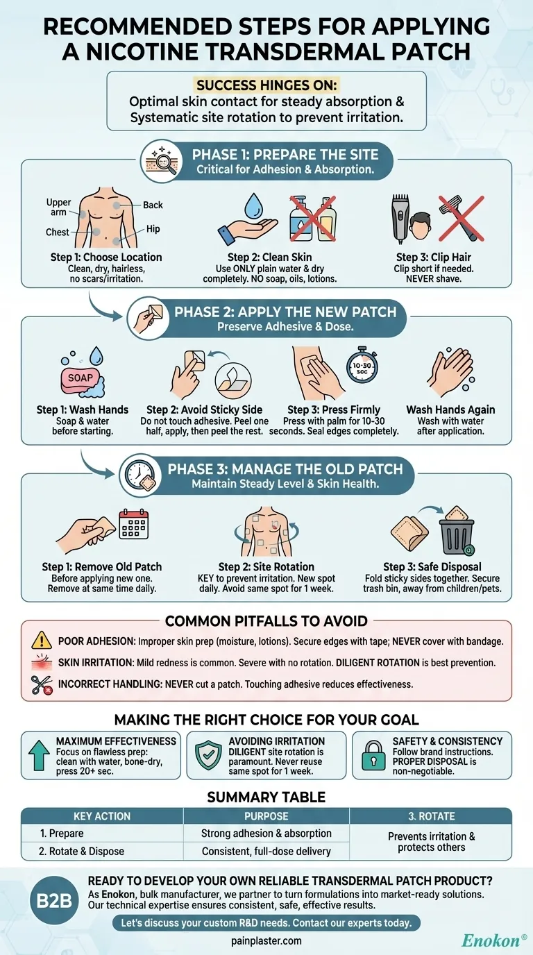 Quais são os passos recomendados para aplicar um adesivo transdérmico de nicotina?Assegurar a utilização correta para uma eficácia máxima Guia Visual