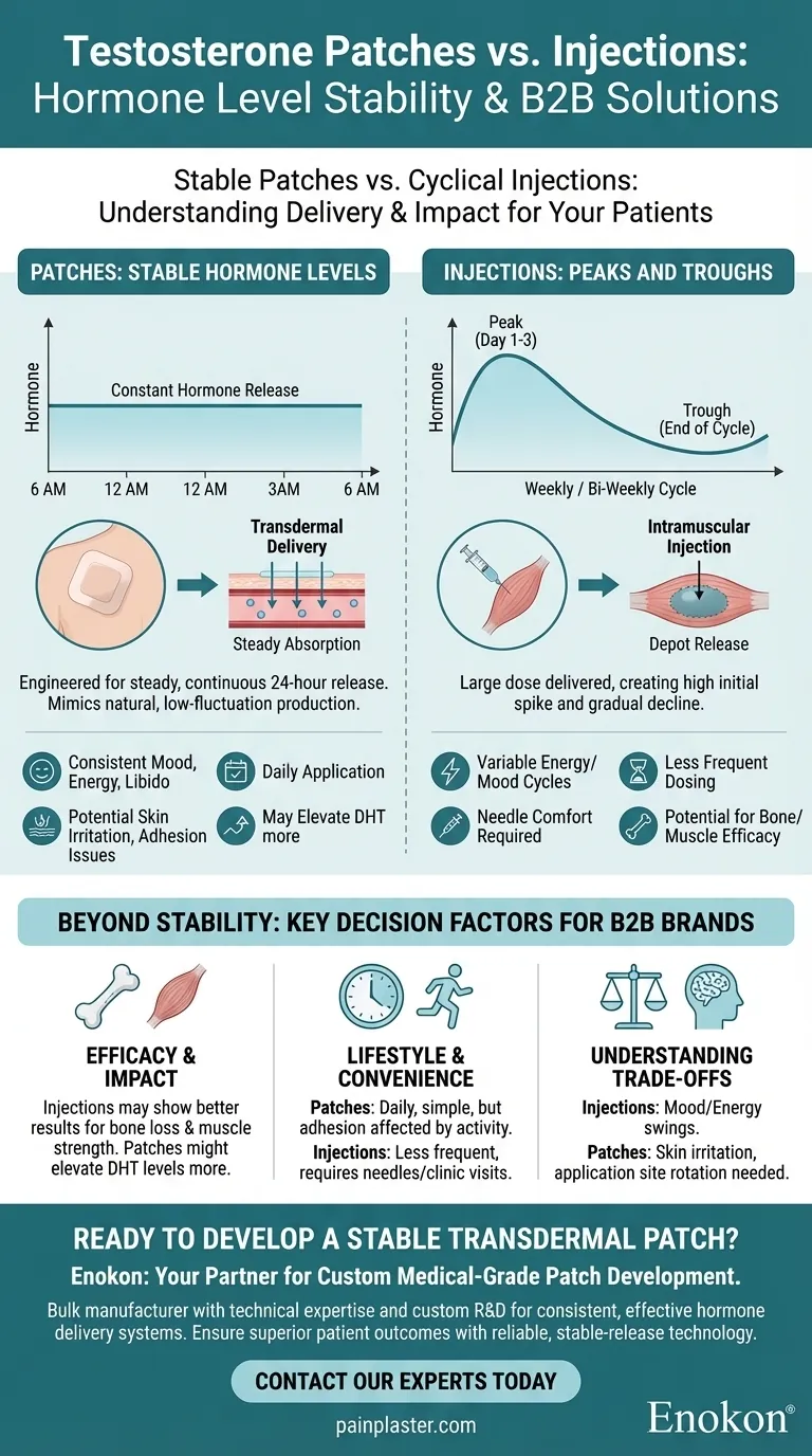 ホルモンレベルの安定性という点で、テストステロンパッチと注射はどのように比較されますか？ ビジュアルガイド