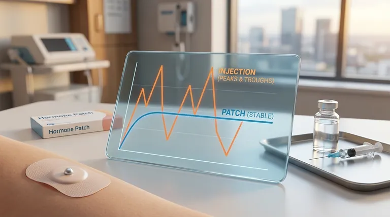 ホルモンレベルの安定性という点で、テストステロンパッチと注射はどのように比較されますか？