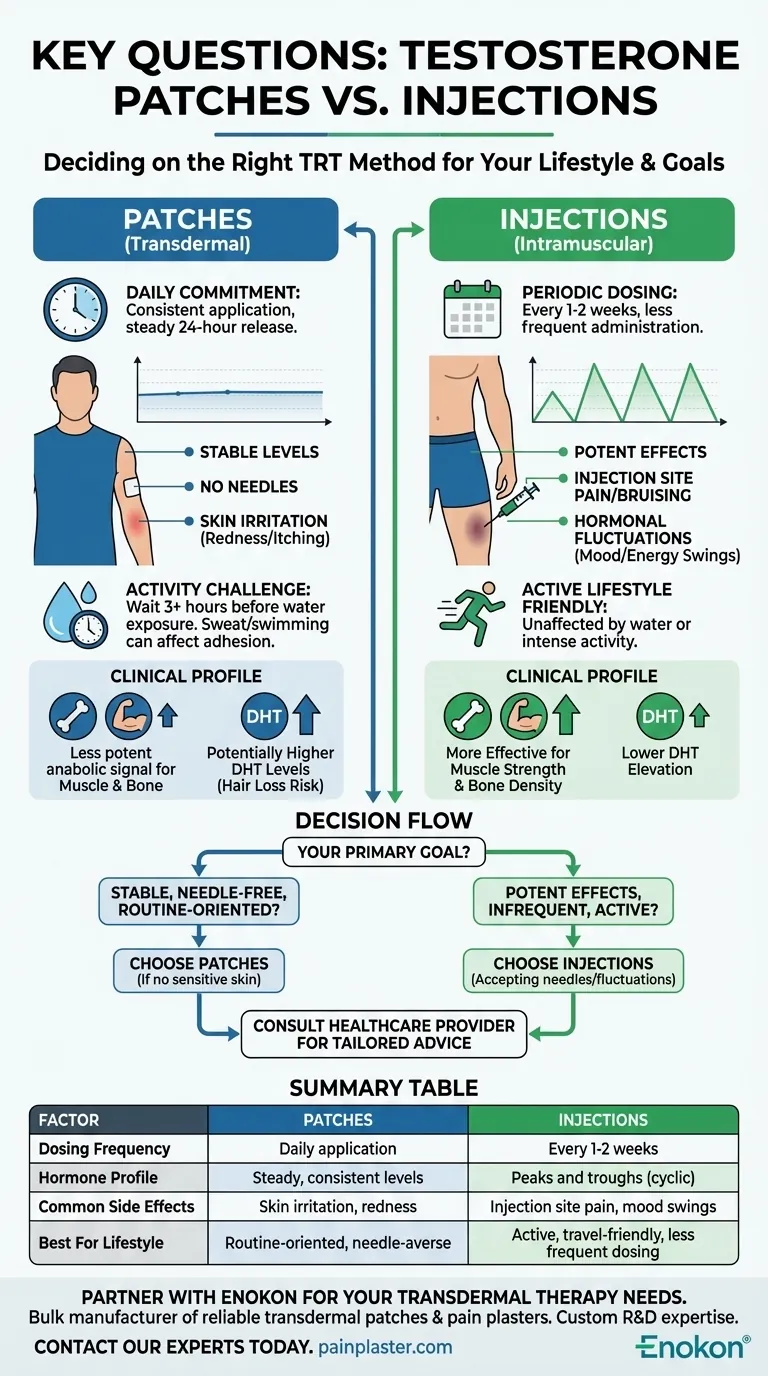 What are some key questions to ask when deciding between testosterone patches and injections? A guide to TRT methods. Visual Guide