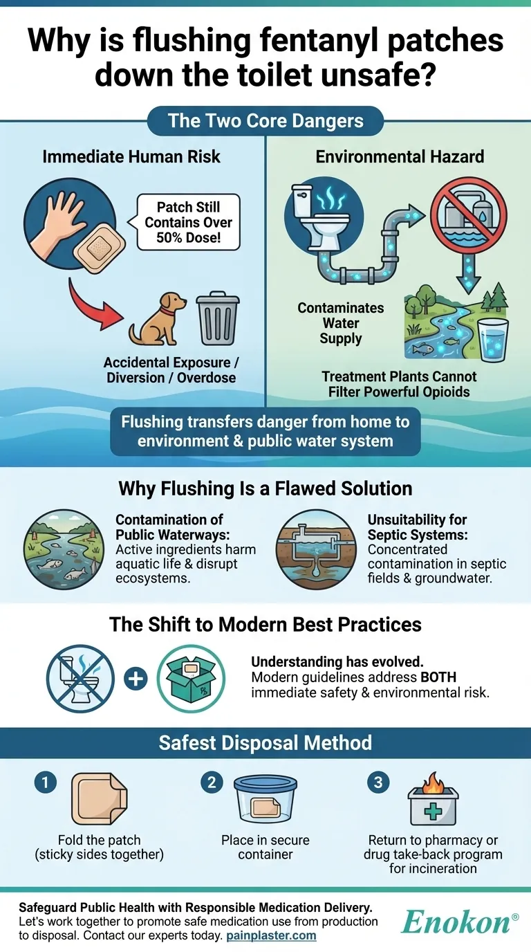 なぜフェンタニル・パッチをトイレに流すと安全でないのか？水系と公衆衛生を守る ビジュアルガイド