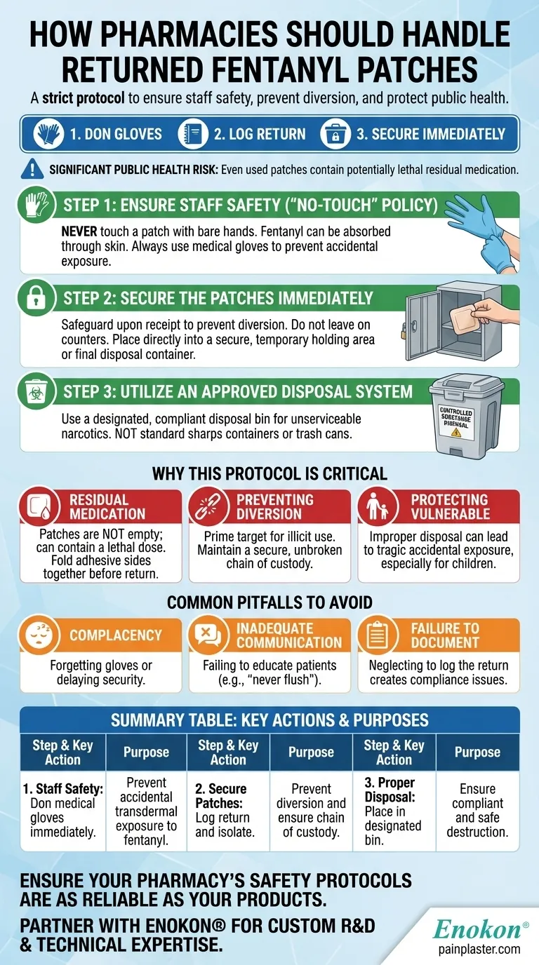 Como é que as farmácias devem tratar os adesivos de fentanilo devolvidos?Diretrizes essenciais de segurança e conformidade Guia Visual