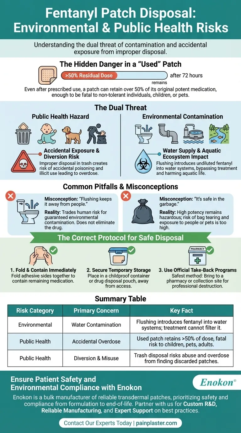Quais são as preocupações ambientais relacionadas com a eliminação de pensos de fentanilo?Riscos e soluções seguras Guia Visual