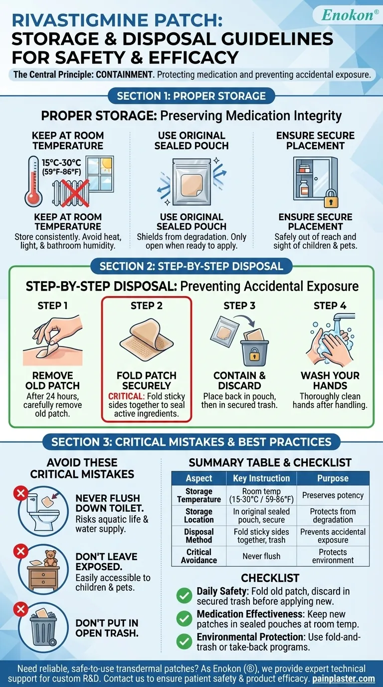 Quais são as instruções de armazenamento e eliminação do adesivo de rivastigmina?Assegurar uma utilização e eliminação seguras Guia Visual