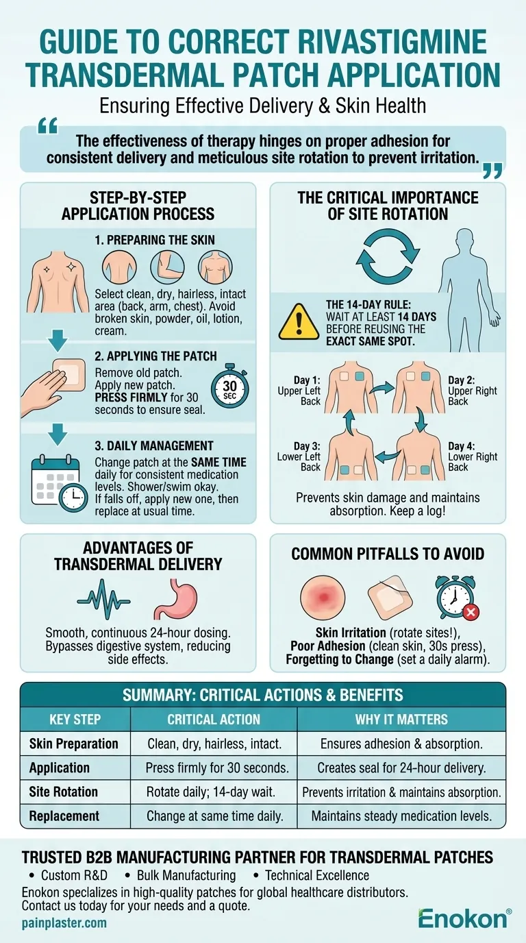 How should rivastigmine transdermal patches be applied? Ensure Proper Adhesion and Site Rotation Visual Guide