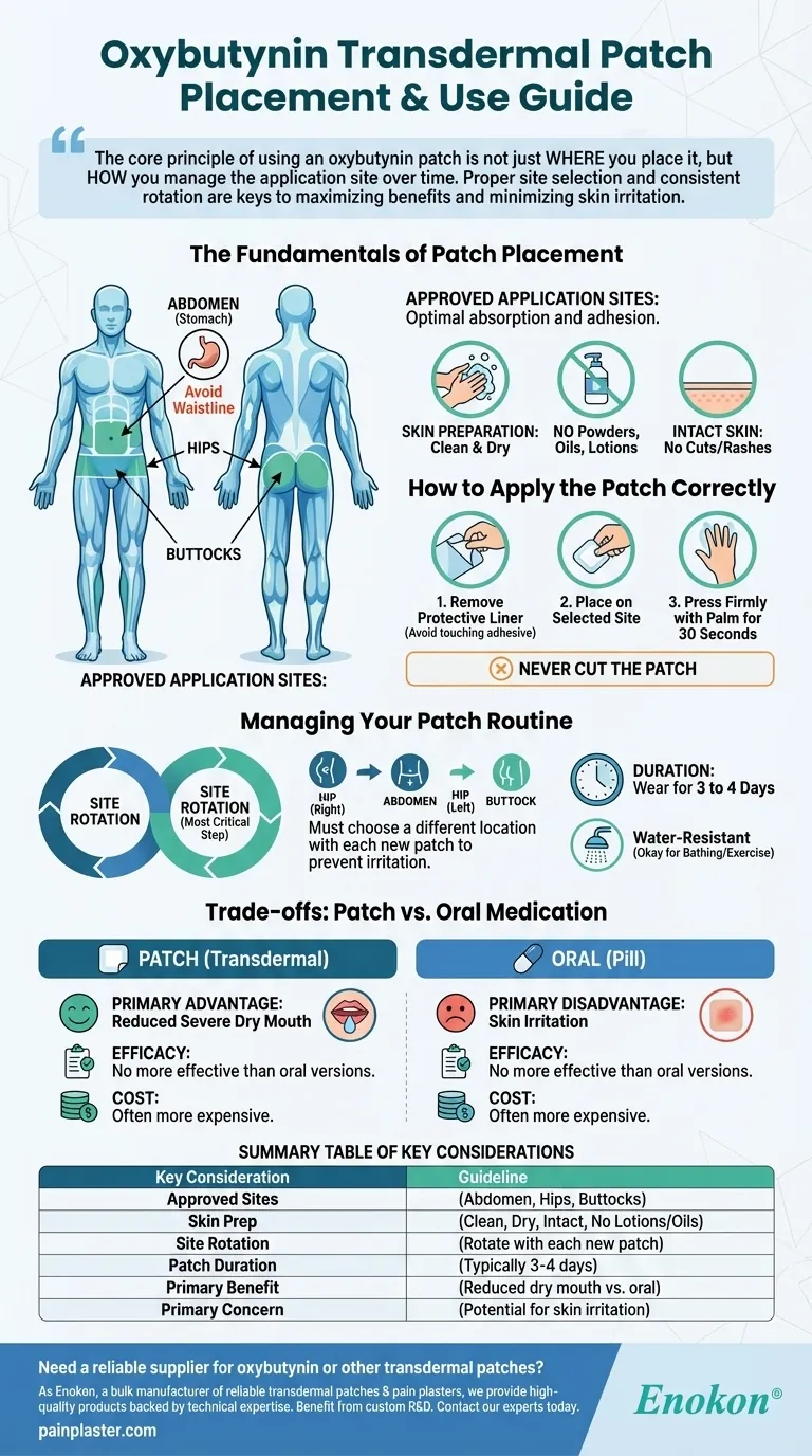 أين يجب وضع لاصقة أوكسيبوتينين عبر الجلد على الجسم؟دليل الاستخدام الأمثل دليل مرئي