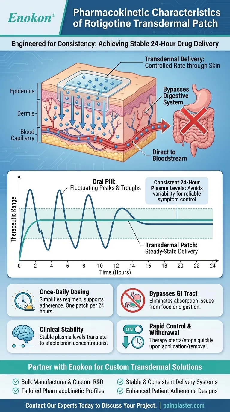 Quais são as caraterísticas farmacocinéticas dos adesivos transdérmicos de rotigotina?Administração estável durante 24 horas para cuidados neurológicos Guia Visual