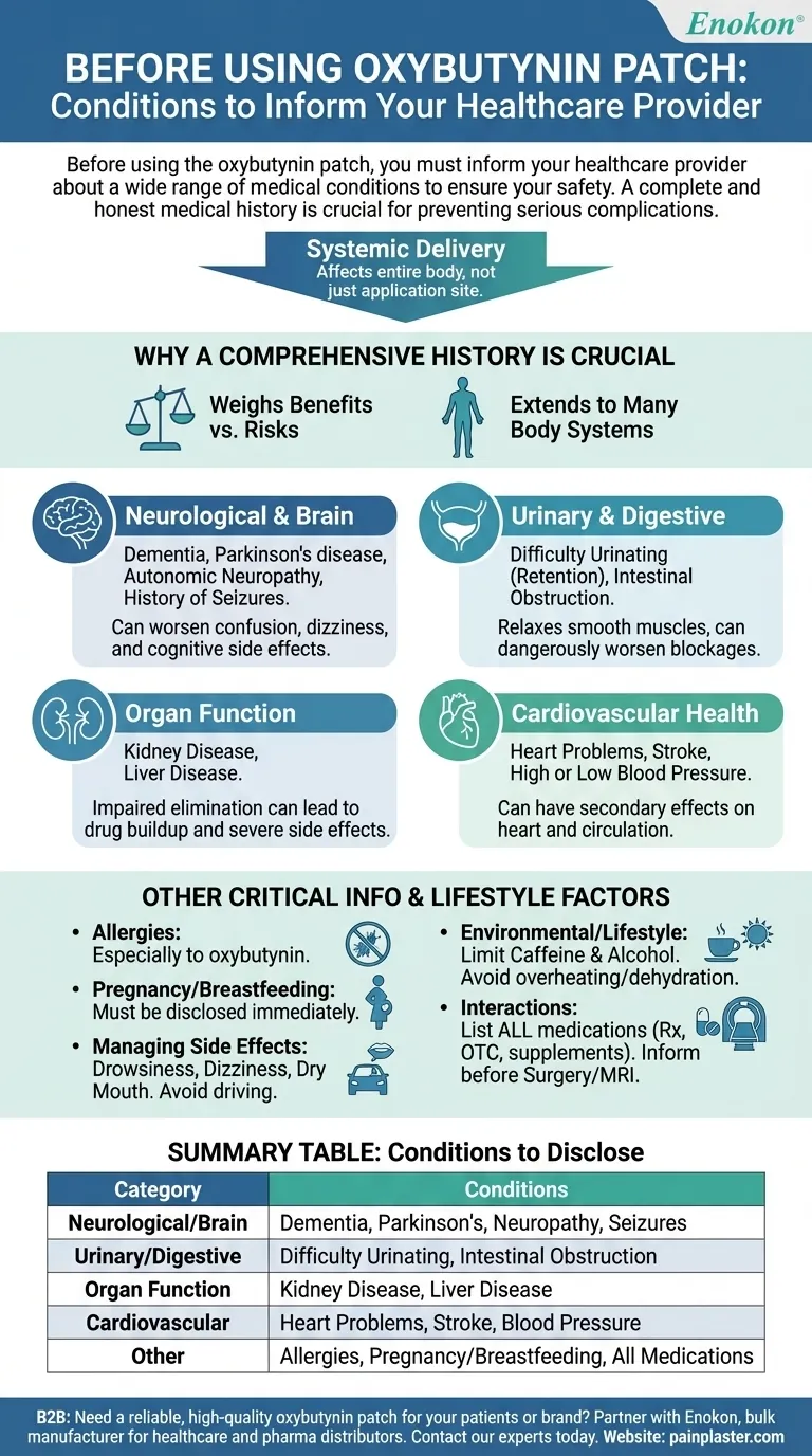 What are some conditions to inform your healthcare provider about before using the oxybutynin patch? Ensure Safe Treatment Visual Guide