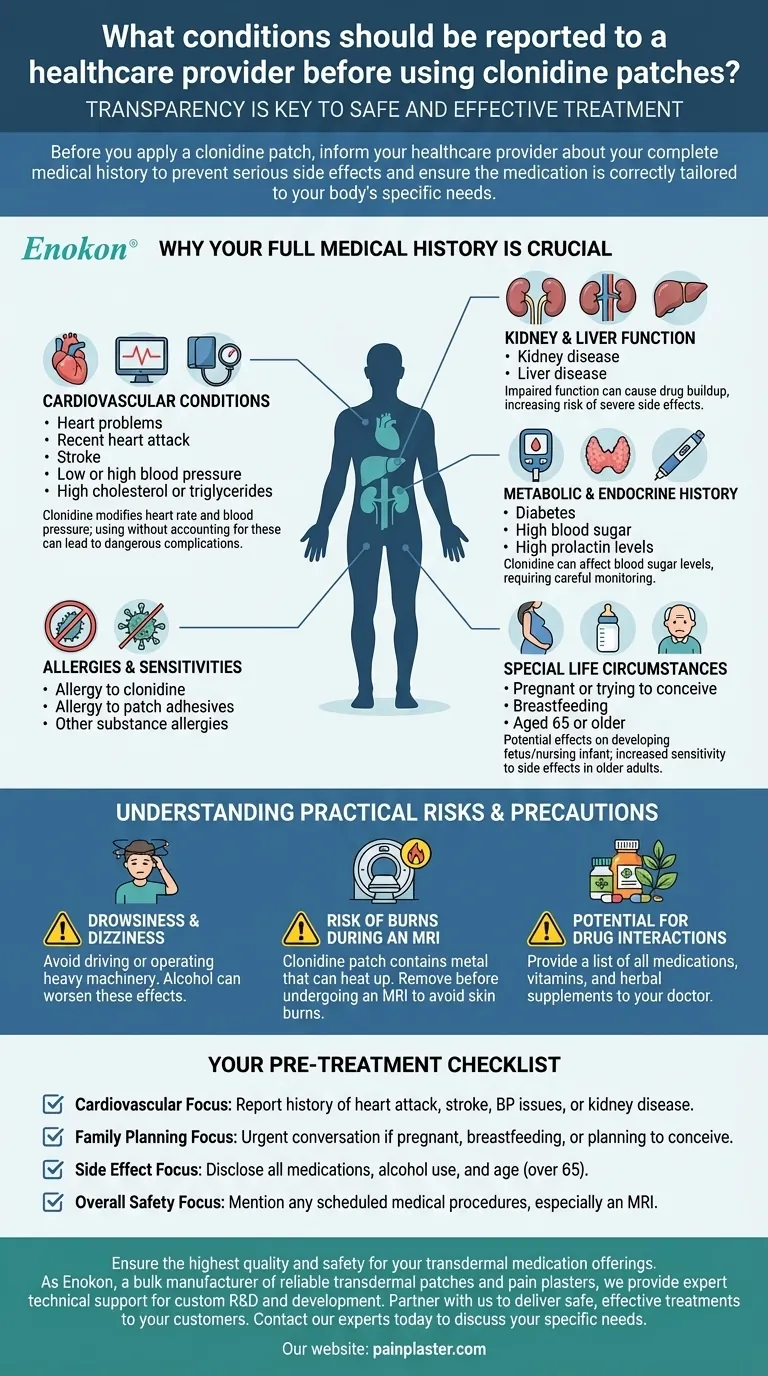 ما هي الحالات التي يجب الإبلاغ عنها قبل استخدام لصقات الكلونيدين؟ضمان العلاج الآمن والفعال دليل مرئي