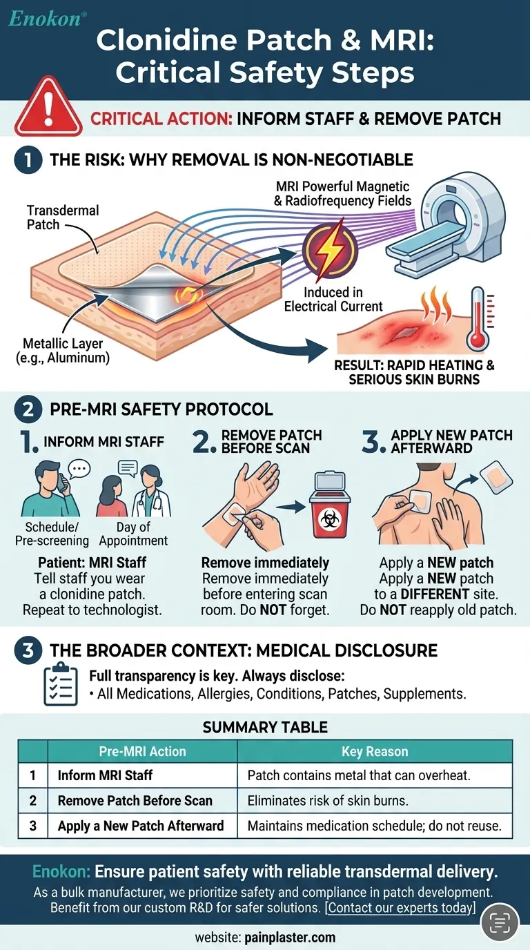 O que deve ser feito antes de efetuar uma RMN com um adesivo de clonidina?Medidas de segurança para evitar queimaduras Guia Visual