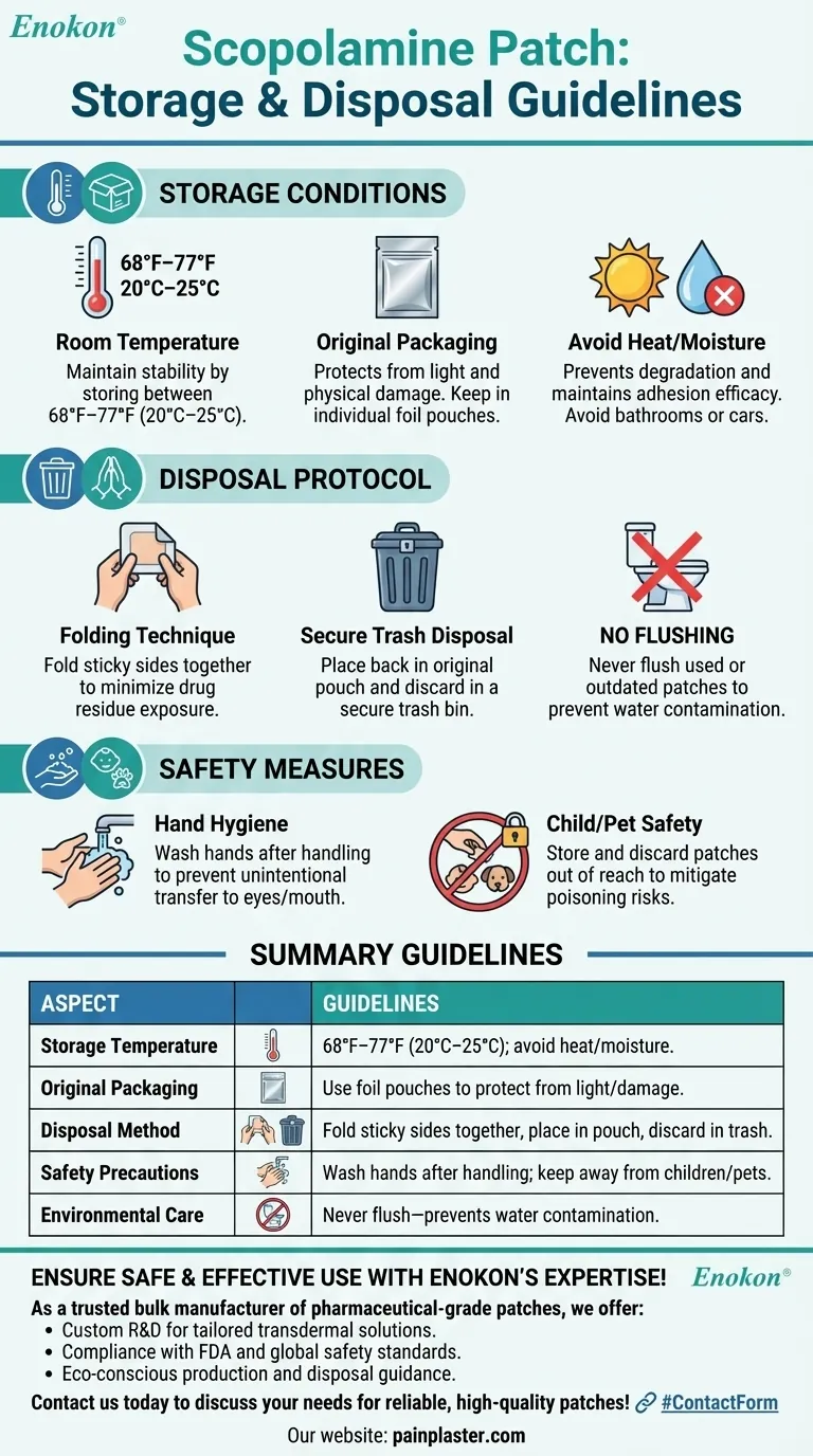 Como é que o adesivo de escopolamina deve ser armazenado e eliminado?Diretrizes de segurança essenciais Guia Visual