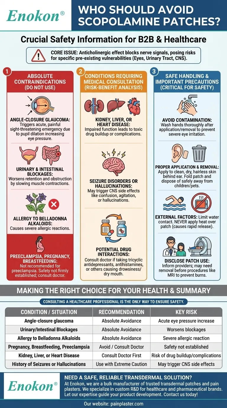Who should avoid using scopolamine patches? Understanding the risks for glaucoma, urinary retention, and more. Visual Guide