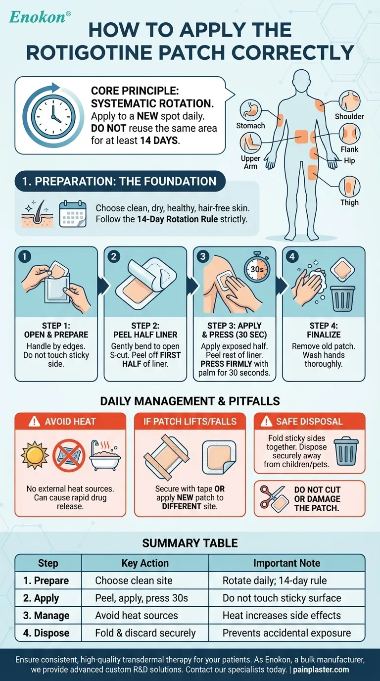 Quais são as instruções para aplicar o adesivo de rotigotina?Assegurar uma utilização correta para obter os melhores resultados Guia Visual