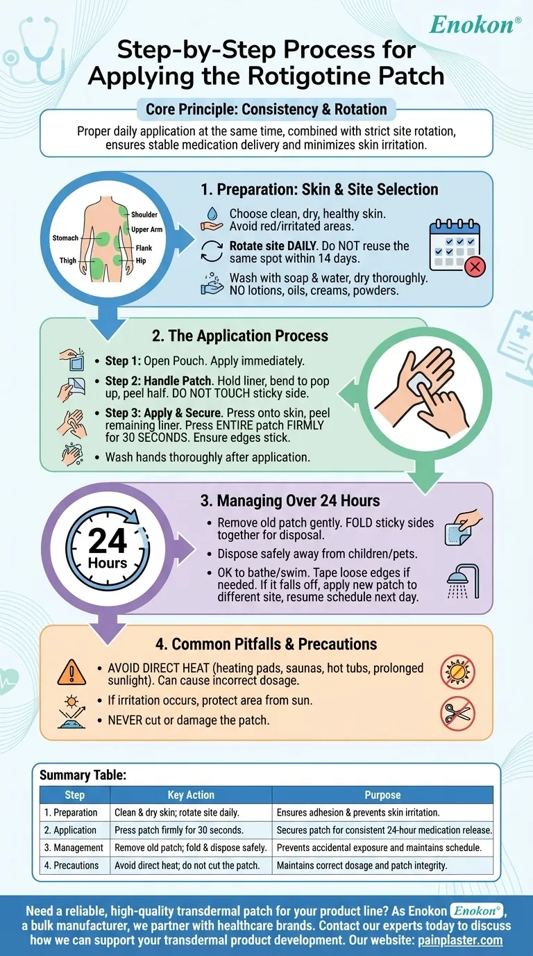 What is the step-by-step process for applying the rotigotine patch? Ensure Correct Dosage & Skin Safety Visual Guide