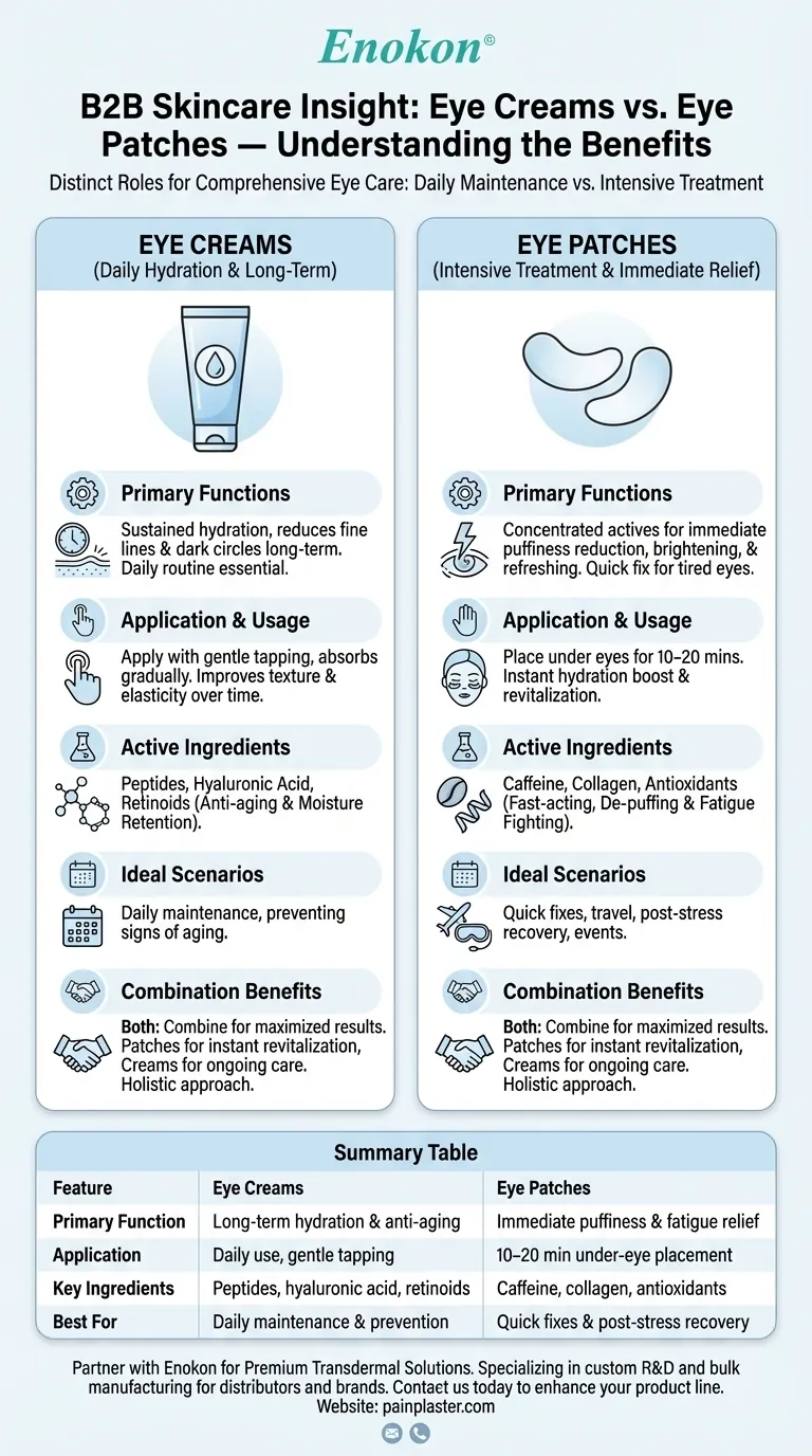 Quais são as diferenças entre os cremes para os olhos e os pensos para os olhos em termos de benefícios? Guia Visual