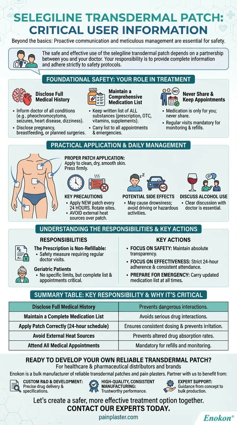 セレギリン経皮パッチの使用者にとって重要な追加情報は？主な安全性と使用上のヒント ビジュアルガイド