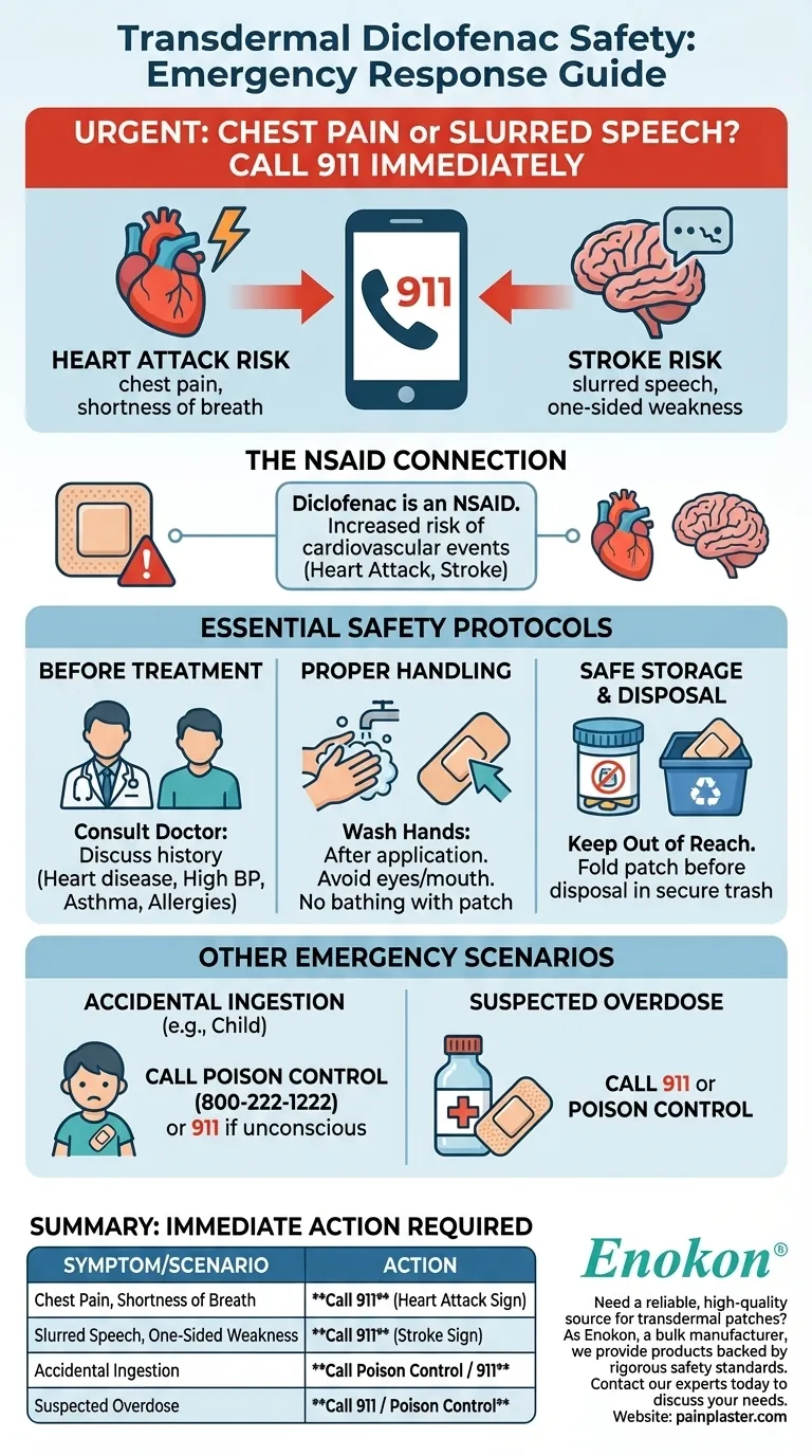 O que deve fazer se tiver sintomas como dor no peito ou fala arrastada enquanto estiver a utilizar diclofenac transdérmico?Guia de resposta a emergências Guia Visual