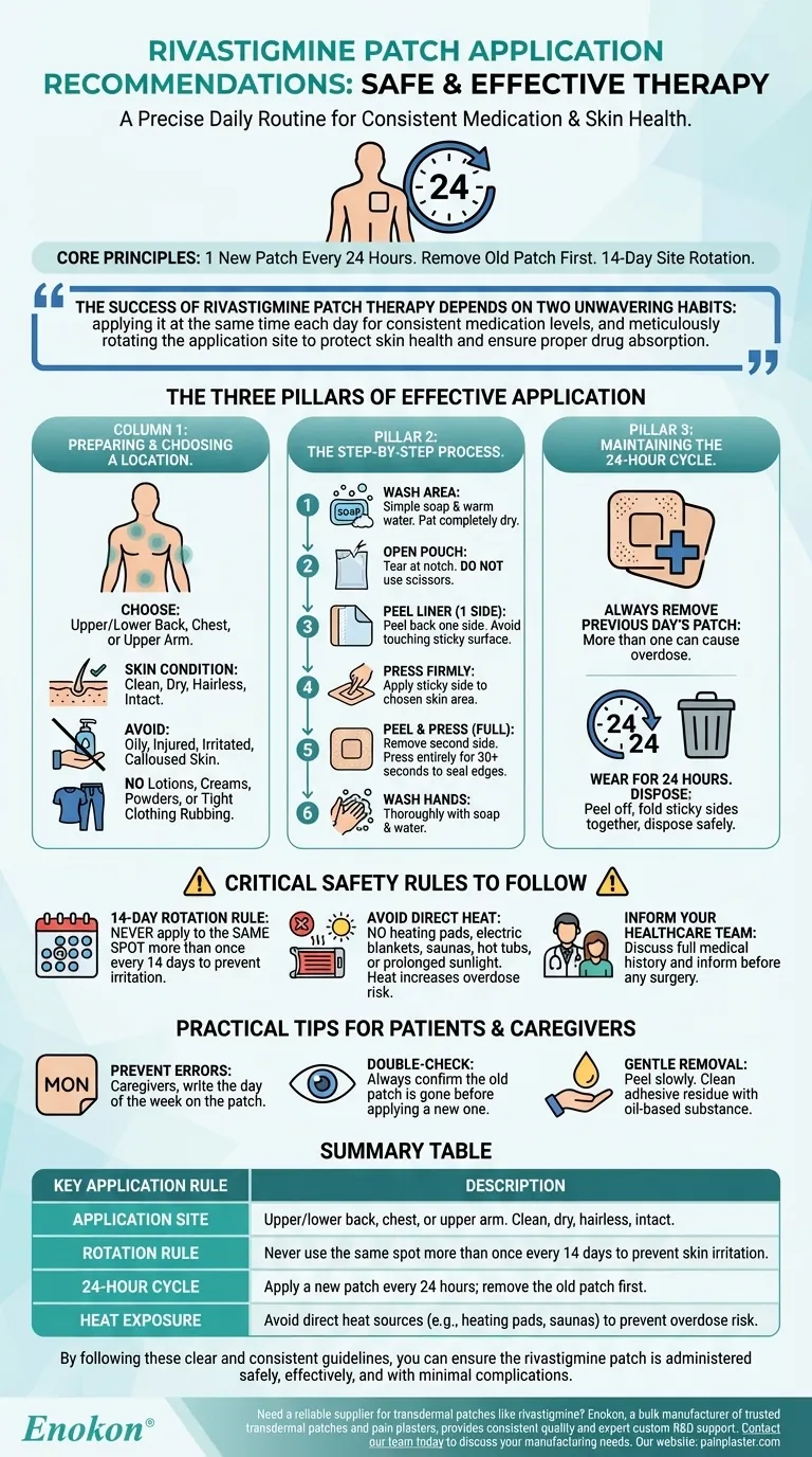 Quais são as recomendações para a aplicação do adesivo de rivastigmina?Otimizar o tratamento da demência com uma utilização adequada Guia Visual