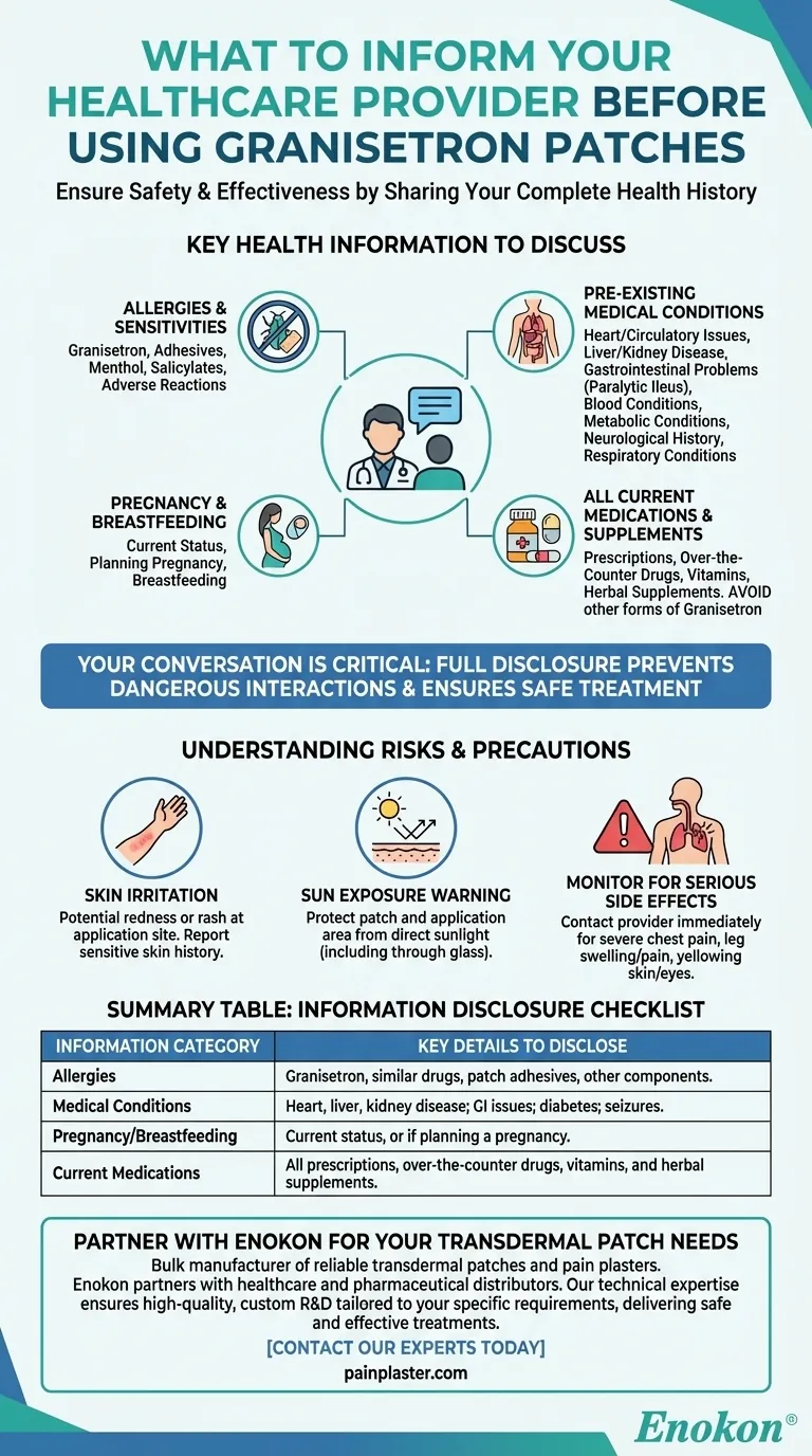¿Qué información debe proporcionar a su proveedor de atención sanitaria antes de utilizar los parches de granisetrón?Información clave para un uso seguro Guía Visual