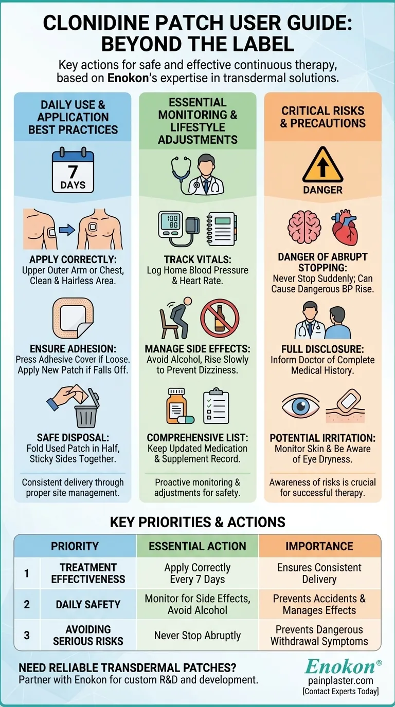 Que informações adicionais são importantes para os utilizadores do adesivo de clonidina?Dicas essenciais de segurança e monitorização Guia Visual