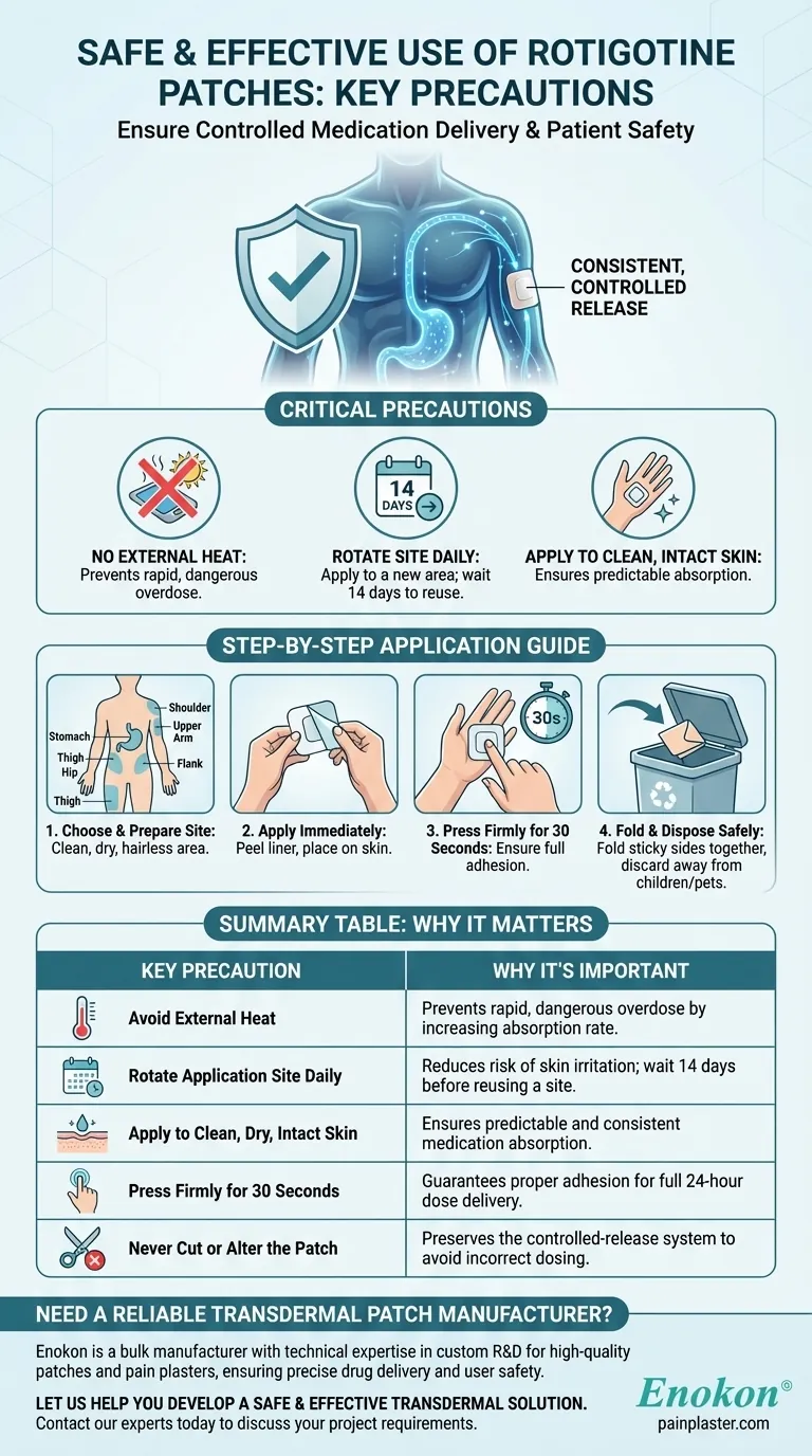 What precautions should be taken while wearing a rotigotine patch? Ensure Safe and Effective Treatment Visual Guide