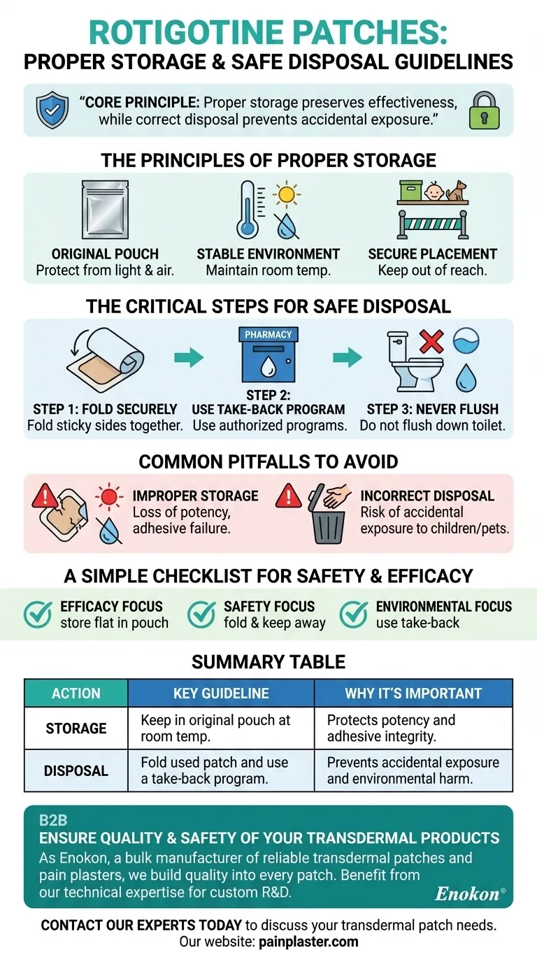 Comment les patchs de rotigotine doivent-ils être conservés et éliminés ?Consignes de sécurité essentielles Guide Visuel