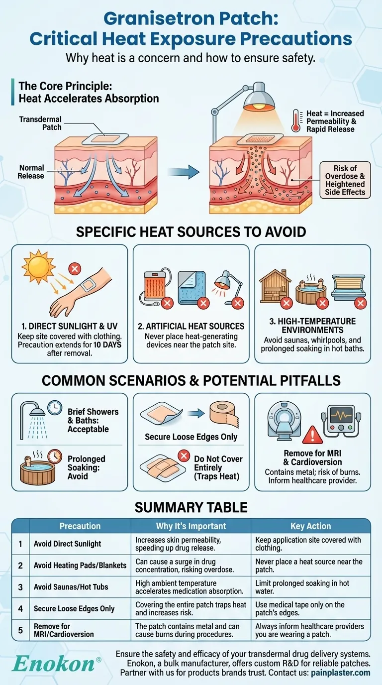 Que precauções devem ser tomadas relativamente à exposição ao calor com o adesivo de Granisetron?Dicas essenciais de segurança Guia Visual