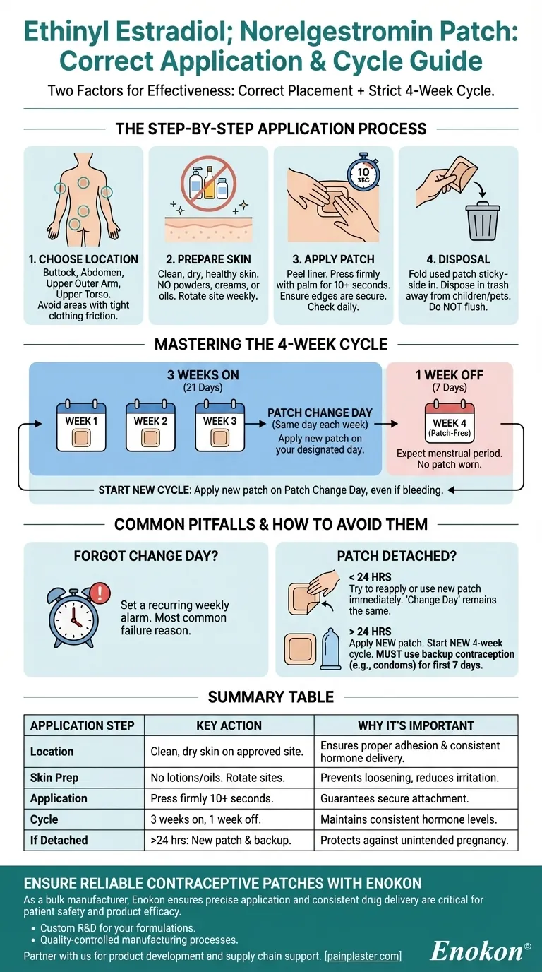 Как следует применять пластырь Ethinyl Estradiol; Norelgestromin?Пошаговое руководство Визуальное руководство