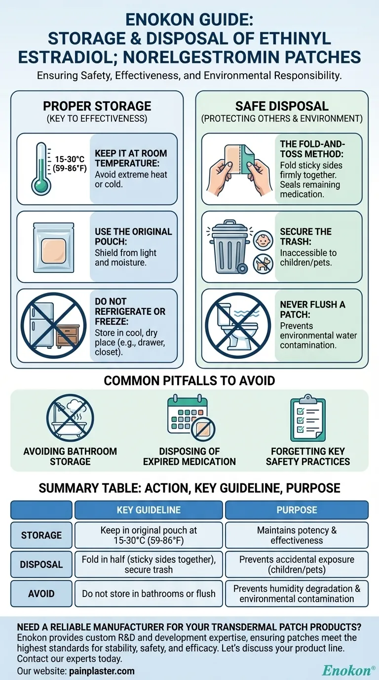 Como é que os adesivos de Etinilestradiol; Norelgestromin devem ser armazenados e eliminados?Guia de manuseamento seguro Guia Visual