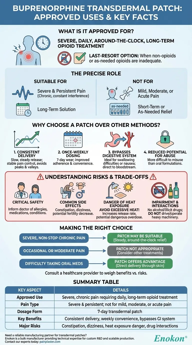 What is the buprenorphine transdermal patch approved for? Managing Severe Chronic Pain with Long-Term Opioid Therapy Visual Guide