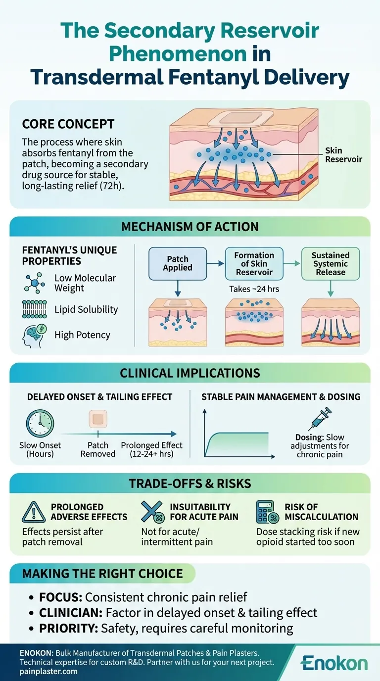 What is the secondary reservoir phenomenon in transdermal fentanyl delivery? Key to 72-Hour Pain Relief Visual Guide