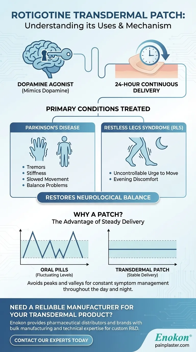 O que é que o adesivo transdérmico de rotigotina é utilizado para tratar?Controlo da doença de Parkinson e da síndrome das pernas inquietas Guia Visual