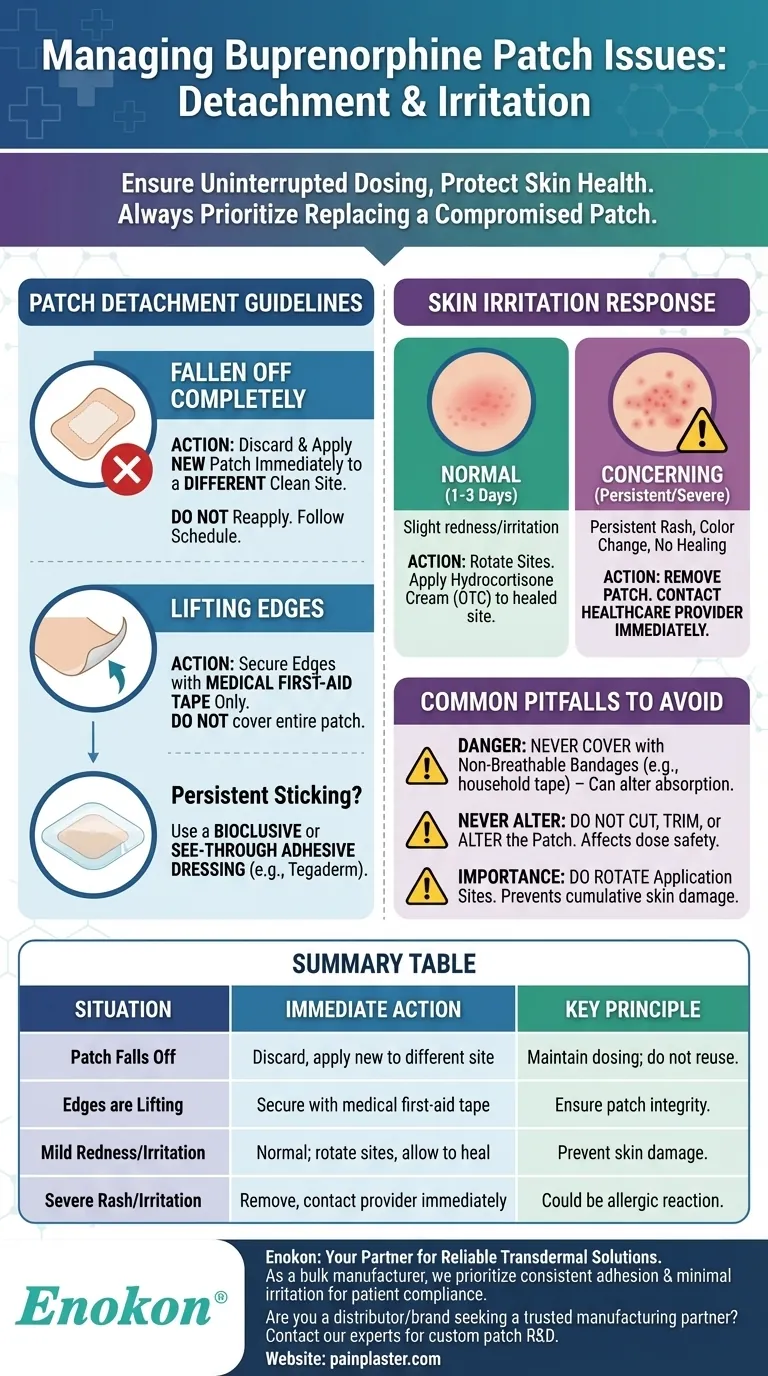 O que deve ser feito se um penso de buprenorfina se soltar ou causar irritação?Correcções rápidas e sugestões de segurança Guia Visual