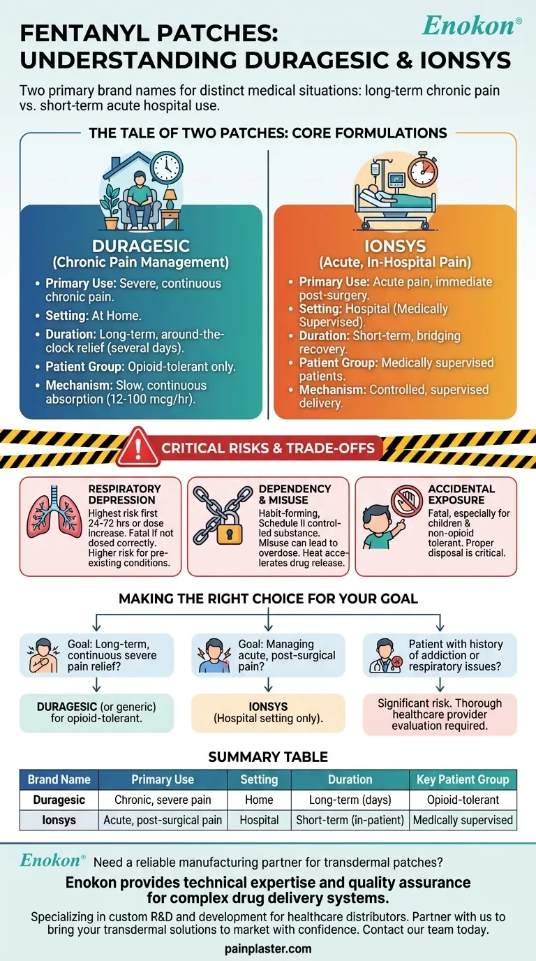 Quais são os nomes de marca mencionados para os pensos de fentanilo e as suas utilizações específicas?Explicação das principais diferenças Guia Visual