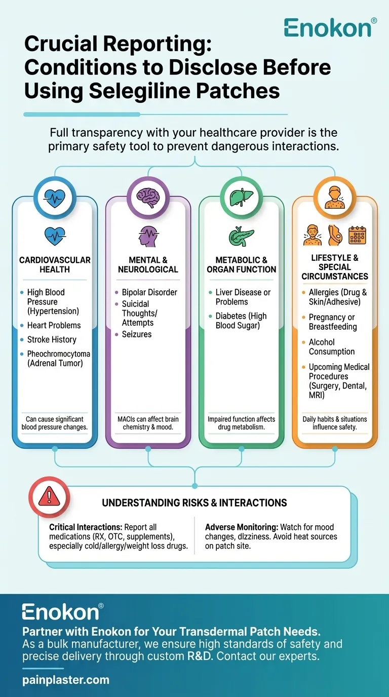 Que condições devem ser comunicadas a um profissional de saúde antes de utilizar os adesivos de selegilina?Garantir um tratamento seguro e eficaz Guia Visual