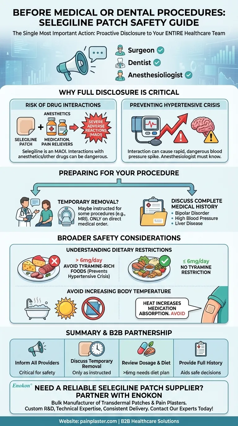 O que deve ser feito antes de procedimentos médicos ou dentários durante a utilização de adesivos de selegilina?Passos essenciais de segurança Guia Visual