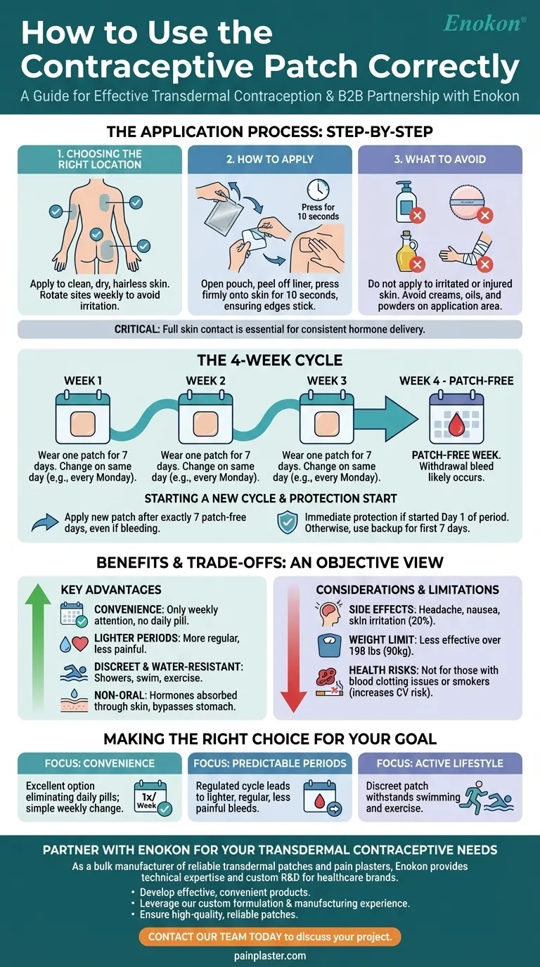 Como deve ser aplicado e utilizado o adesivo contracetivo?Controlo de natalidade semanal tornado simples Guia Visual